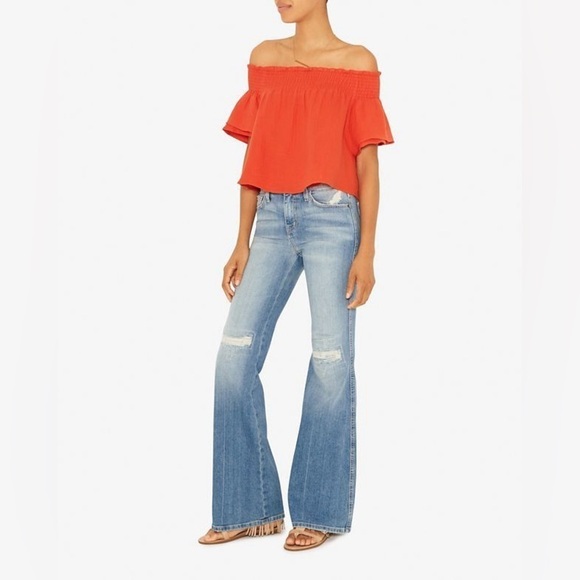 Apiece Apart Orange Off The‎ Shoulder Gauzy Smocked Crop Blouse Size 4 - Picture 6 of 8